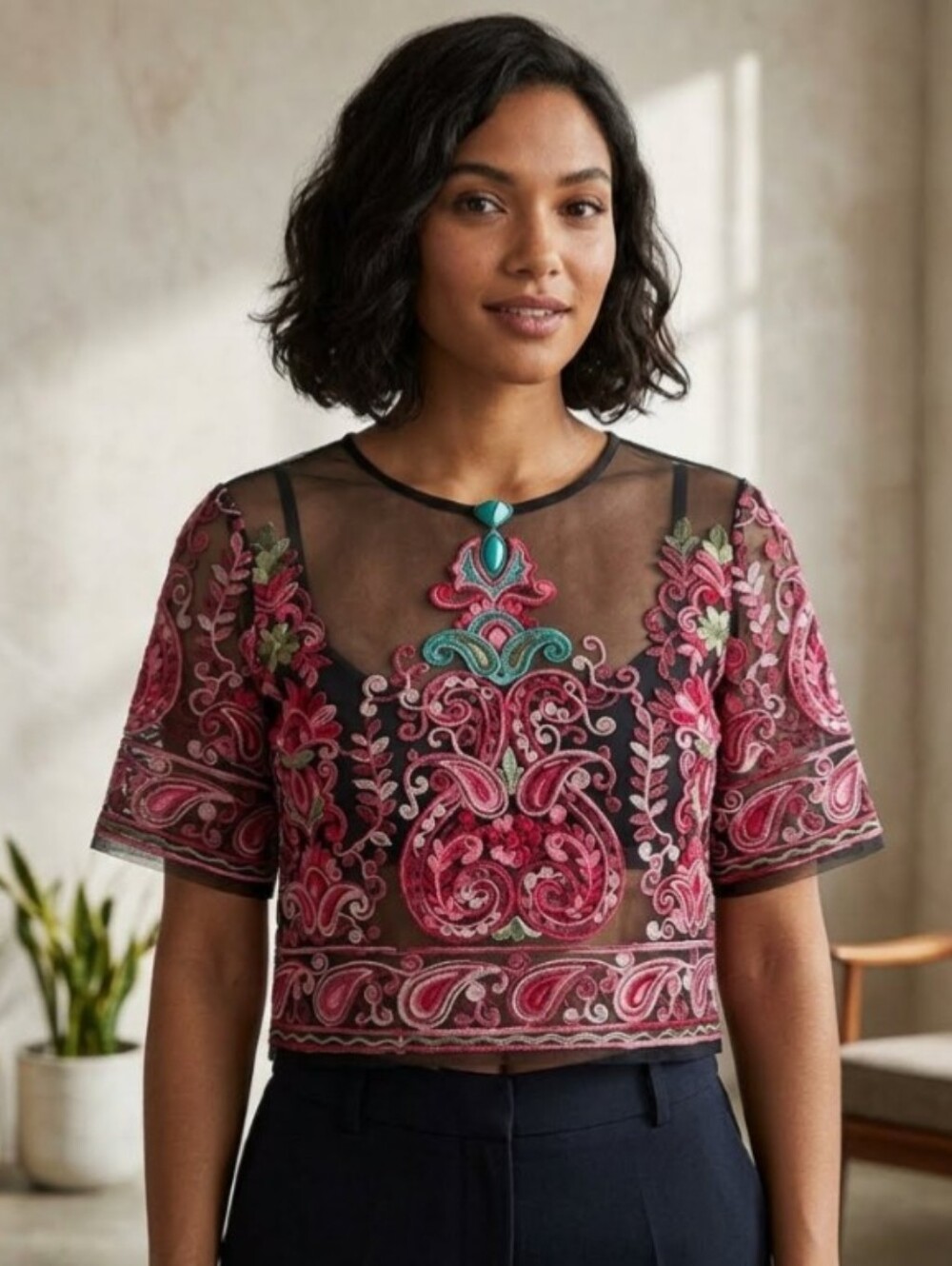 Make Me Chic Embroidered Mesh Top Black/Multi Color Size M
